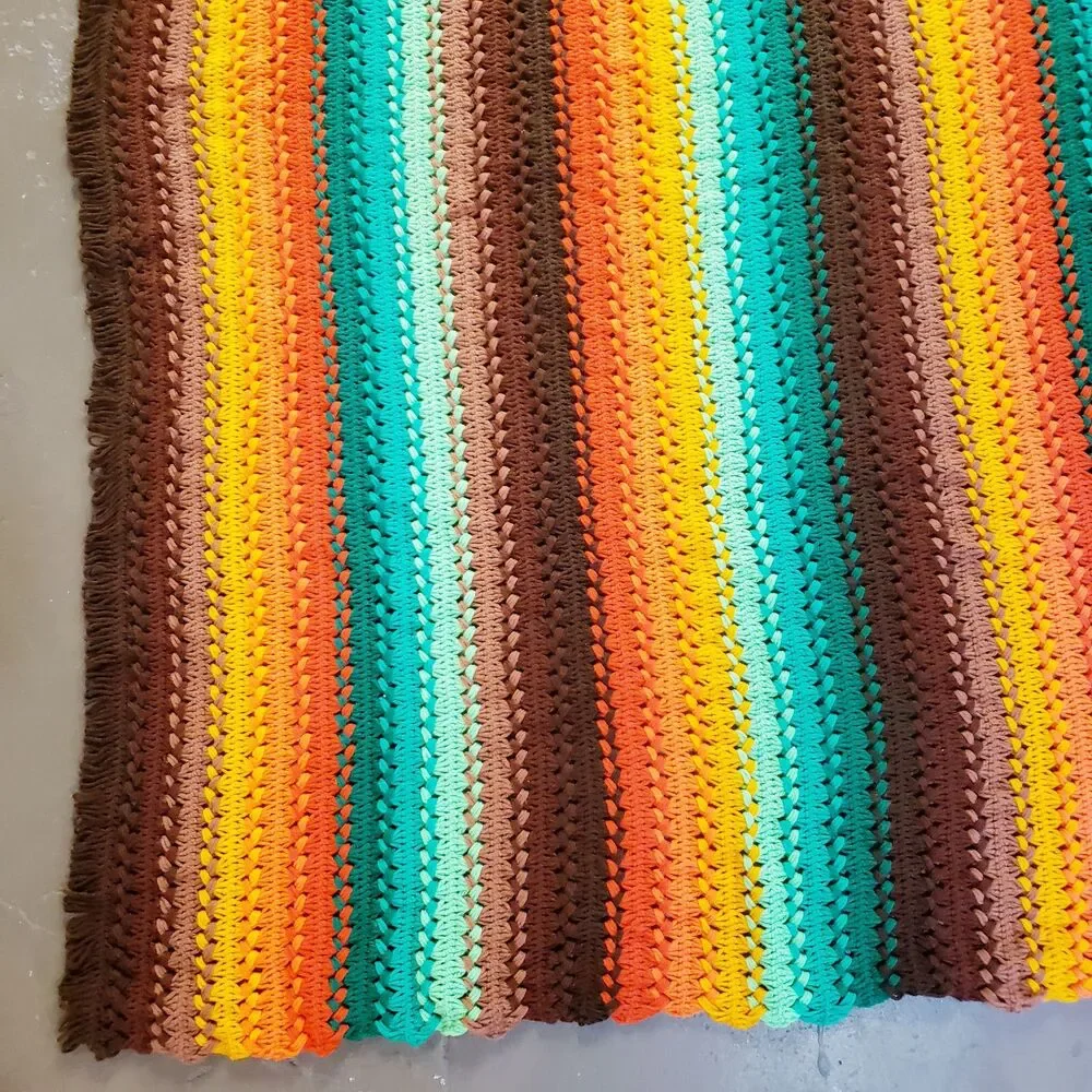 Vintage Afghan Crochet Throw Blanket Brown Green Orange Stripes Fringe MCM